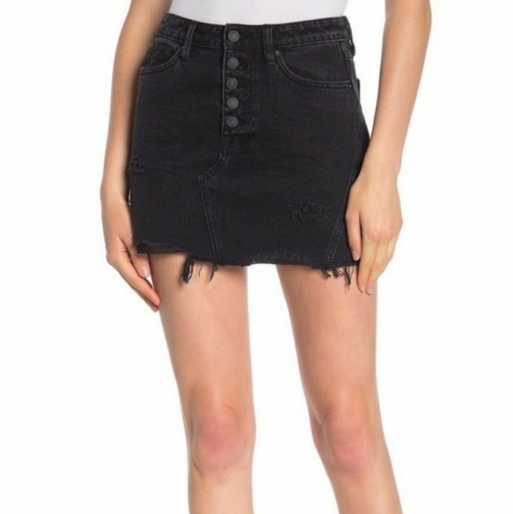 Free People Denim Distressed Black Raw Hem Button Fly Mini Skirt 30
